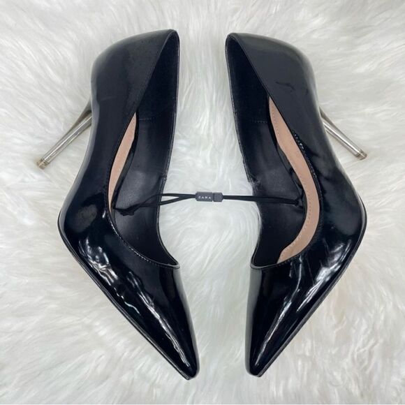 ZARA black glossy pointy toe stilettos size 36.0,3 1/2” silver/clear heel,pumps - Picture 9 of 9